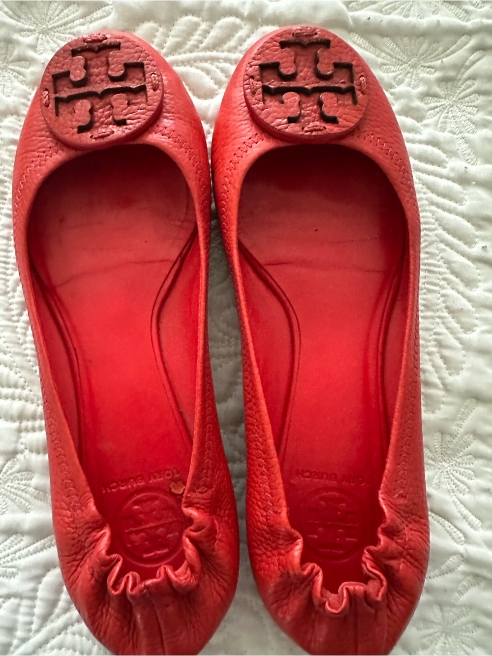 Tory Burch Womens Reva Ballet Flats Orange Red Pebbled Leather Logo Size 9.5M